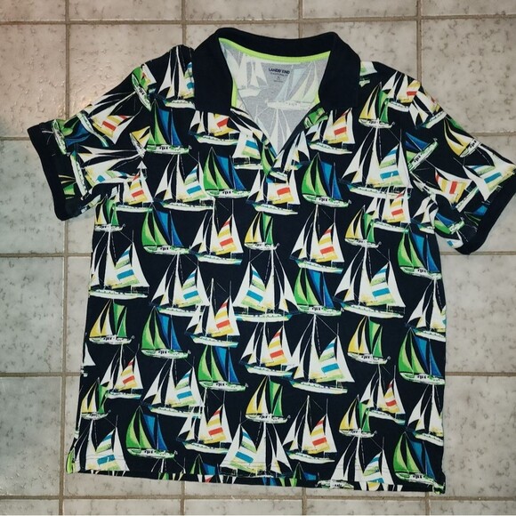 Lands End Mens Traditional Fit Collared Short Sleeve Polo Sailboats Sz XL Vacay - Picture 2 of 10
